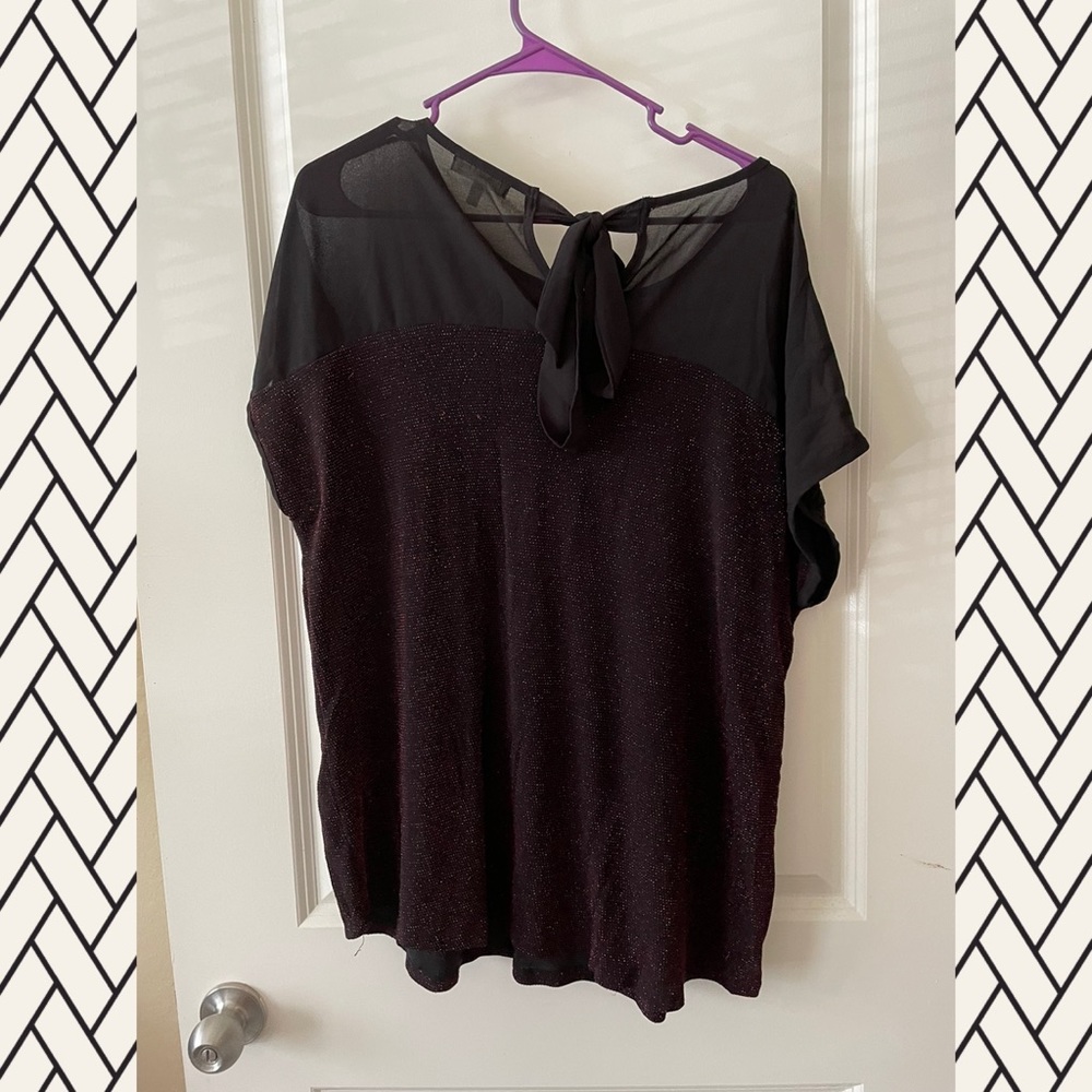 Red sparkles with mesh shoulders top